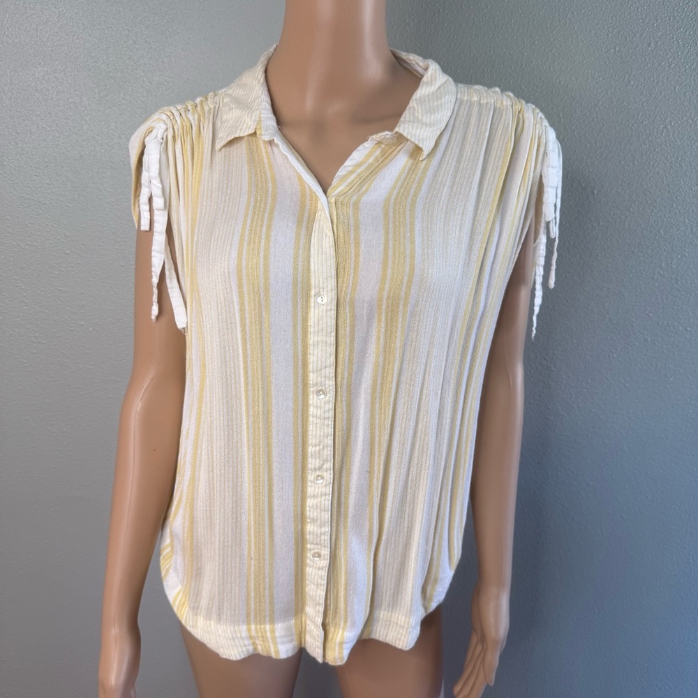 Free People Yellow White Striped Button Down short sleeve Shirt blouse Sz S-M